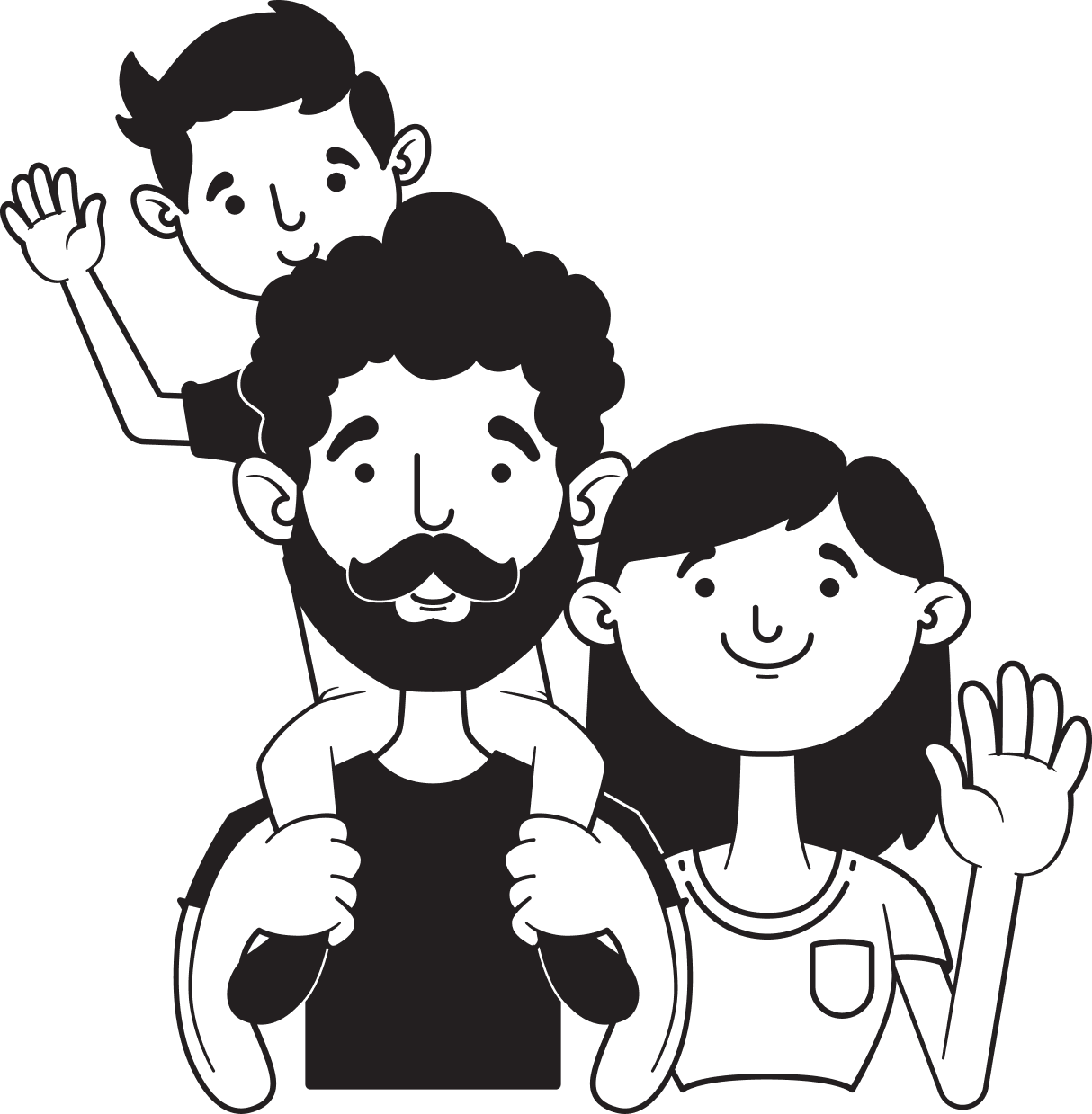 Line illustration of a family: a father carrying a child on his shoulders beside a smiling woman waving